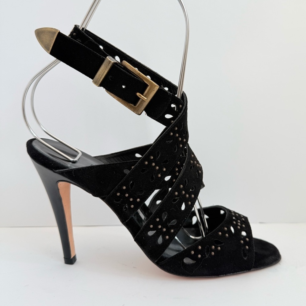Manolo Blahnik Vintage Black Suede Laser Cut Studded Strappy Heels Sandals 37.5 - Picture 2 of 10